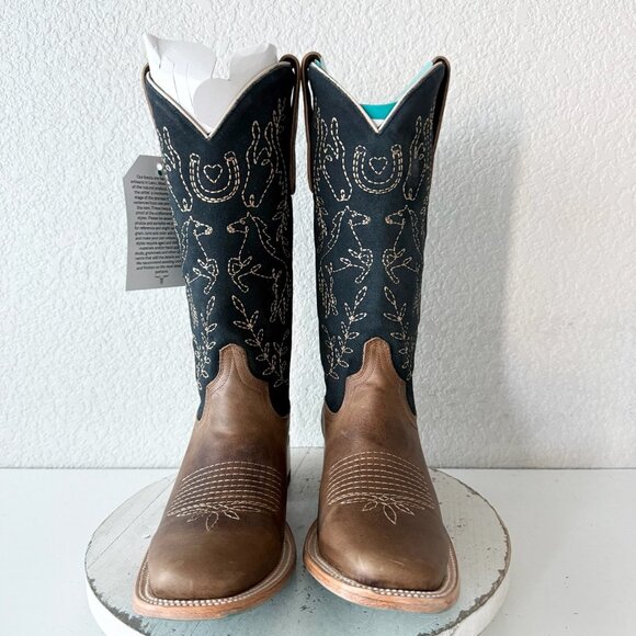 Lane BRIDLEWOOD Womens Square Toe Cowboy Boots 9.5 Brown Navy Western Cowgirl - Picture 6 of 13